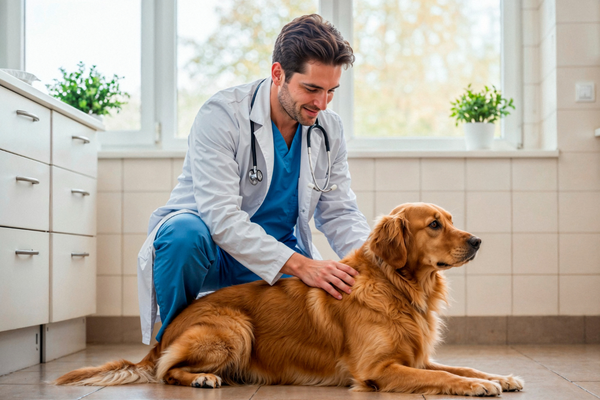 person touch a dog